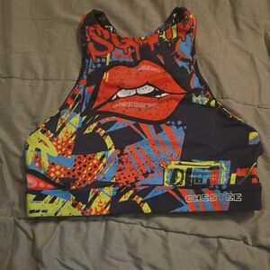 The Chestee Multicolor Graffiti Print High-Neck Sports Bra - Red Lips